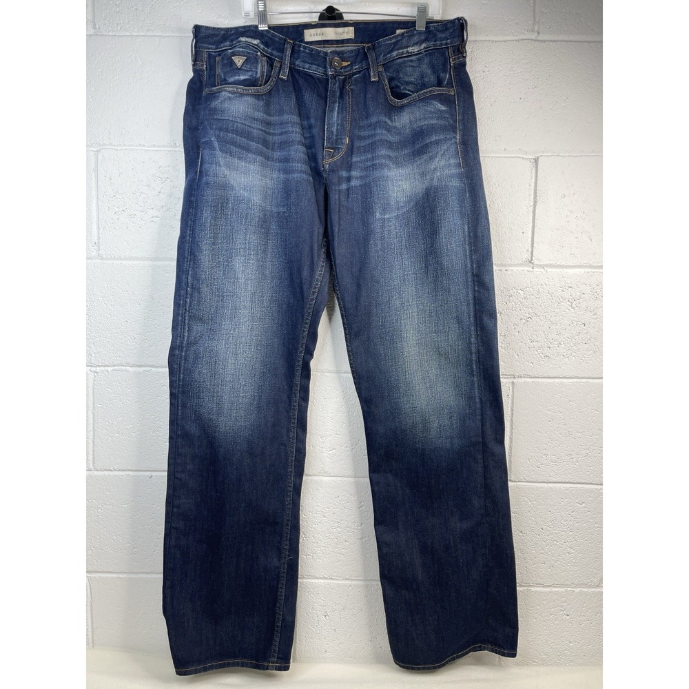 Vintage GUESS Jeans Relaxed Wide Leg Boot Cut Mens 38X34 Blue Dark Wash Whiskers